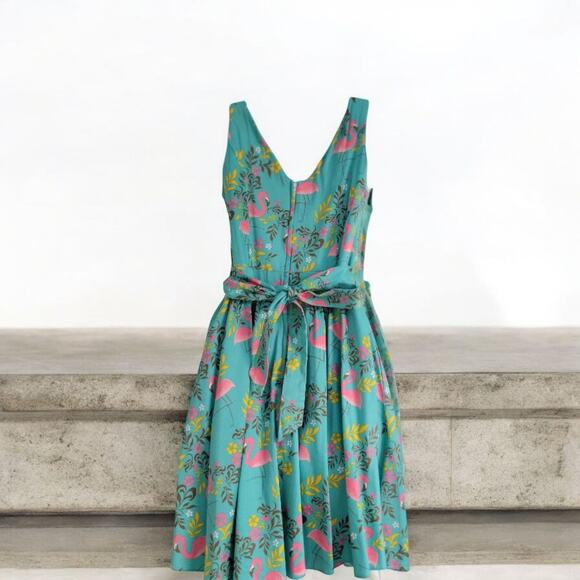 Lady Vintage Retro 50s Swing Dress Turquoise Teal and Pink Flamingos S6 Dapper - Picture 2 of 16